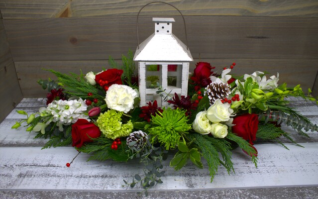 Christmas Lantern Centerpiece from Clifford's where roses are our specialty